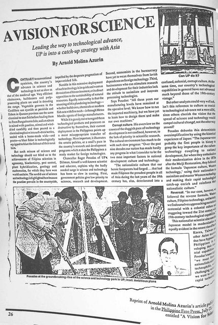 Reprinted magazine article titled A Vision for Science by Arnold Molina Azurin, with a photograph of Posadas at a groundbreaking ceremony and an inset portrait
