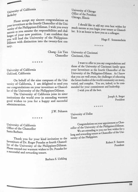 Page of greetings from American universities, including letters from Chang-Lin Tien, Chancellor of UC Berkeley, and J. W. Peltason for the University of California