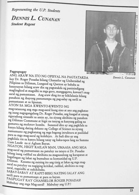 Message page headed Representing the U.P. Students, Dennis L. Cunanan, Student Regent, in Filipino, with his photograph