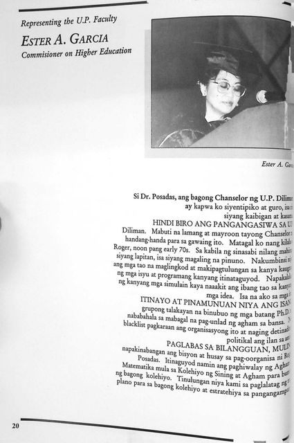 Message page headed Representing the U.P. Faculty, Ester A. Garcia, Commissioner on Higher Education, in Filipino, with her photograph at a podium