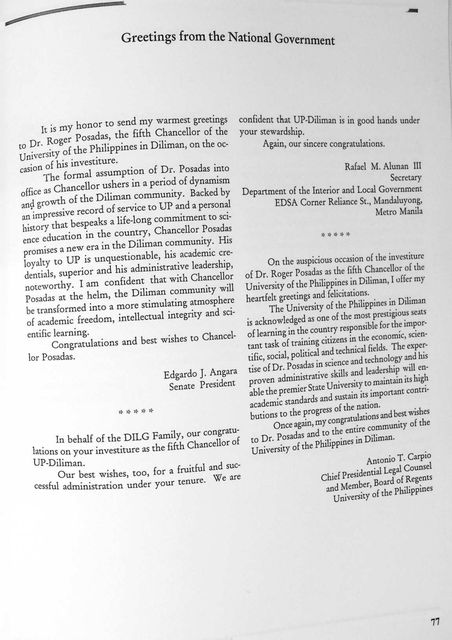 Page of greetings from the national government, signed by Senate President Edgardo J. Angara, Interior Secretary Rafael M. Alunan III and Chief Presidential Legal Counsel Antonio T. Carpio