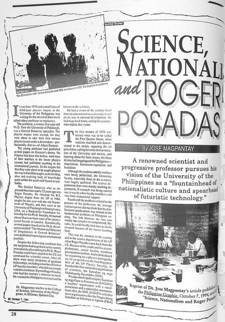 Reprinted magazine article titled Science, Nationalism and Roger Posadas by Jose Magpantay, with a 1972 photograph of Posadas among fellow activists