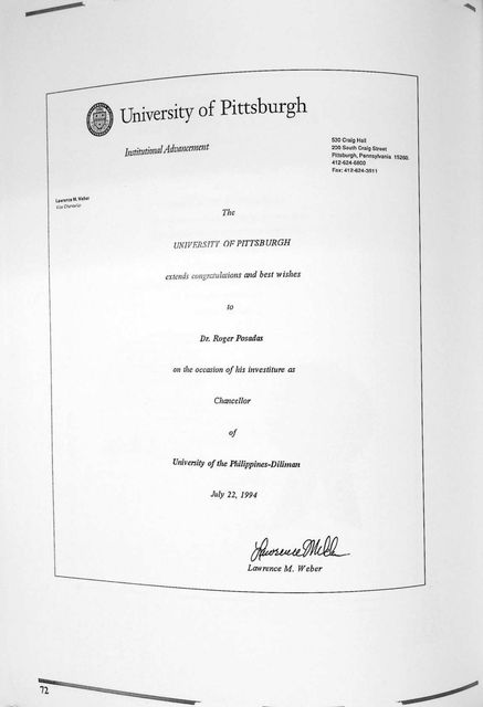 Certificate from the University of Pittsburgh extending congratulations to Dr. Roger Posadas on his investiture as Chancellor of UP Diliman, July 22, 1994