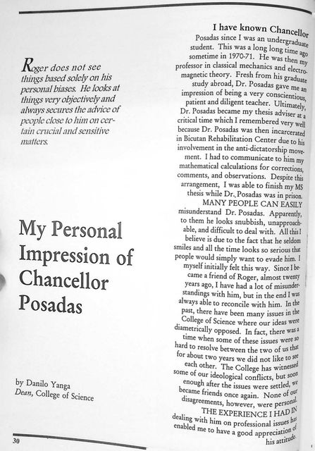 Page titled My Personal Impression of Chancellor Posadas by Danilo Yanga, Dean, College of Science, with a pull quote