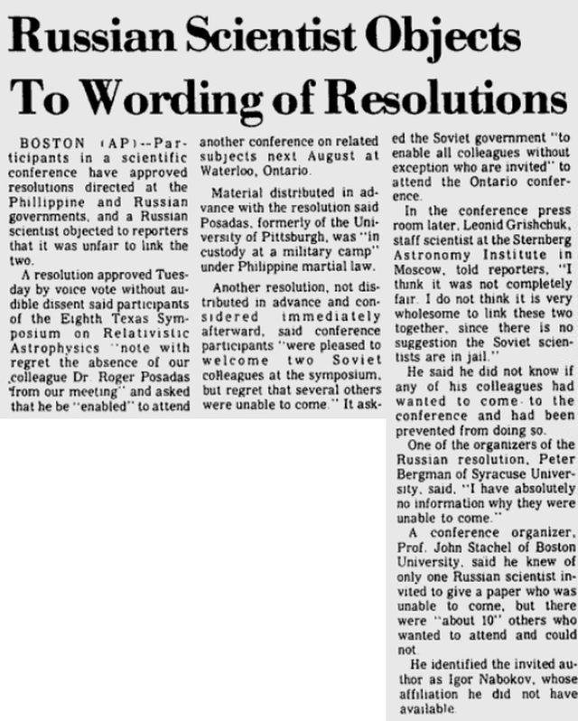 Newspaper clipping headlined Russian Scientist Objects To Wording of Resolutions, an AP report from Boston on the Texas Symposium resolutions about Roger Posadas and Soviet scientists