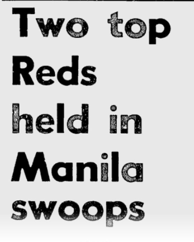Newspaper clipping headlined Two top Reds held in Manila swoops, a UPI dispatch reporting the capture of Jose Luneta and Saturnino Ocampo and, earlier, of Roger Posadas, called head of the CPP's explosives arm