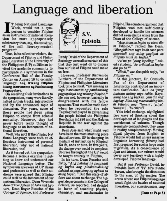 Newspaper column titled Language and liberation by S.V. Epistola, reporting a UP symposium on Filipino as an instrument of national liberation, with Dean Posadas's statements in Filipino