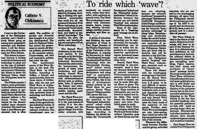 Newspaper column titled To ride which wave? by Calixto V. Chikiamco, on the Wave Debate and Prof. Roger Posadas's leapfrogging strategy, ending Poor Roger! Poor scientists! Poor Philippines!