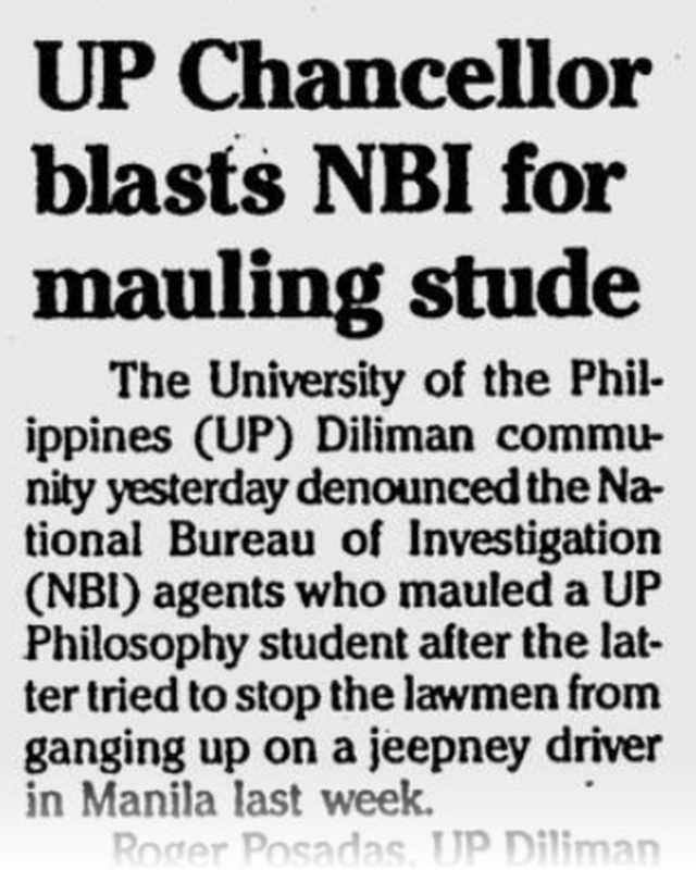 Newspaper clipping headlined UP Chancellor blasts NBI for mauling stude, reporting Roger Posadas's denunciation of NBI agents who mauled a UP philosophy student