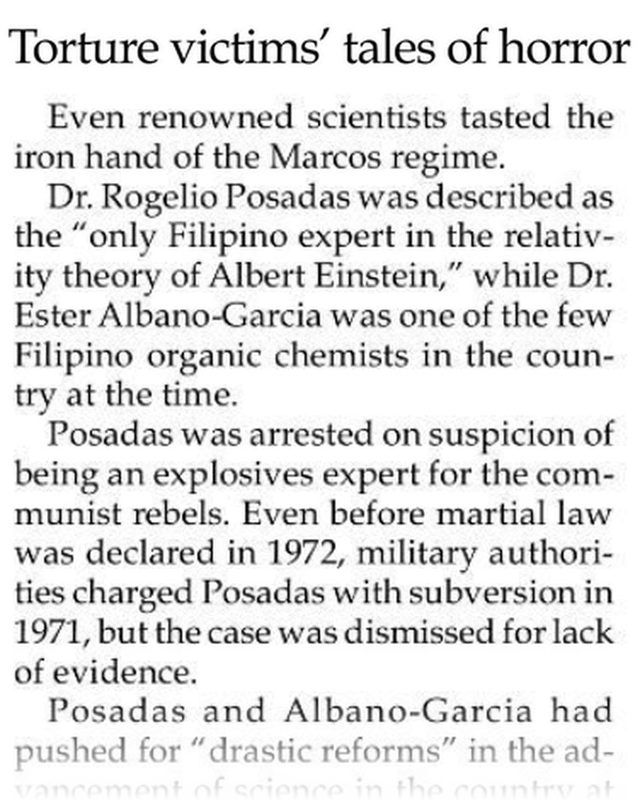 Excerpt from The Manila Times article Torture victims' tales of horror: the paragraphs on Roger Posadas, his 1976 arrest, his beating by Aguinaldo and Dean Nemenzo's appeal to Marcos