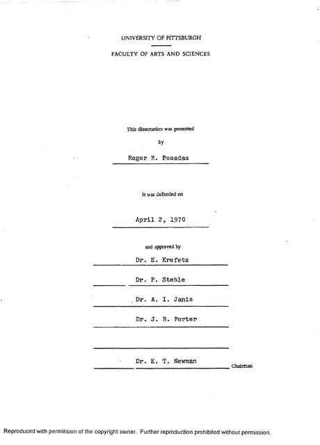Approval page: presented by Roger R. Posadas, defended on April 2, 1970, approved by Dr. E. Krefetz, Dr. P. Stehle, Dr. A. I. Janis, Dr. J. R. Porter and Dr. E. T. Newman, chairman