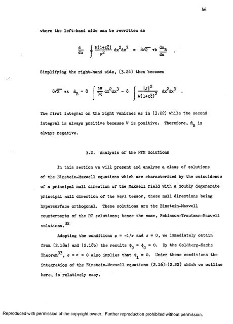 A typed page of calculation from chapter 3, with hand-written integral equations, ending with the heading 3.2, Analysis of the RTM Solutions