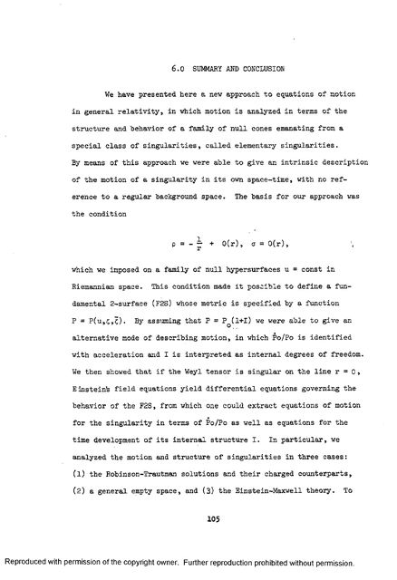 First page of chapter 6, Summary and Conclusion, describing a new approach to equations of motion in general relativity