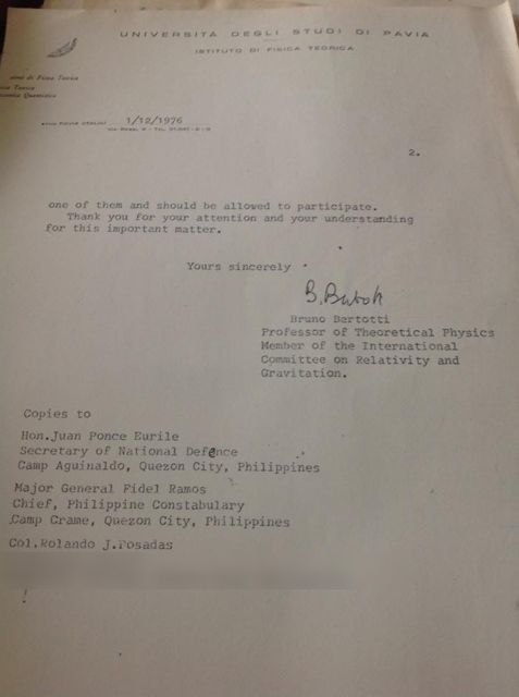 Second page of a typed letter from the Institute of Theoretical Physics, University of Pavia, dated December 1, 1976, signed by Professor Bruno Bertotti, copied to the Secretary of National Defense, the Chief of the Philippine Constabulary, and Col. Rolando J. Posadas; the street address is blurred