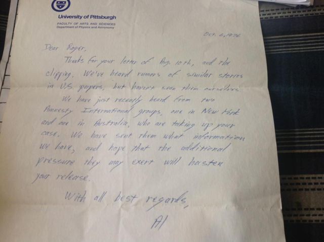 Handwritten letter on University of Pittsburgh letterhead dated October 6, 1976, from Al to Roger, saying two Amnesty International groups, in New York and Australia, had taken up his case