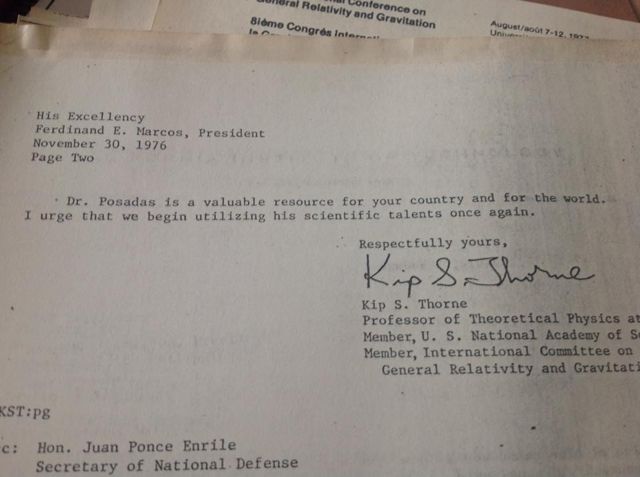 Second page of a typed letter to President Ferdinand Marcos dated November 30, 1976, signed by Kip S. Thorne, Professor of Theoretical Physics and member of the U.S. National Academy of Sciences, urging that Dr. Posadas's scientific talents be put to use again