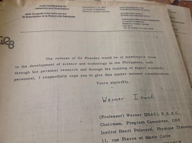 Second page of a letter on the letterhead of the Eighth International Conference on General Relativity and Gravitation, Waterloo, 1977, signed by Professor Werner Israel, saying Dr. Posadas's release would be of great value to science in the Philippines