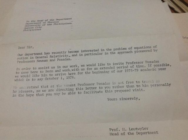 Typed letter from Professor H. Leutwyler, head of physics at the University of Bern, to the head of UP Physics, inviting Professor Posadas to Bern from October 1978 to work on the equations-of-motion approach of Newman and Posadas, and noting he was not free to travel