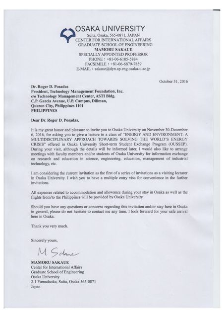 Letter on Osaka University letterhead from Specially Appointed Professor Mamoru Sakaue, dated October 31, 2016, inviting Dr. Roger D. Posadas, President of the Technology Management Foundation, to lecture at Osaka University from November 30 to December 6, 2016, with flights and stay paid