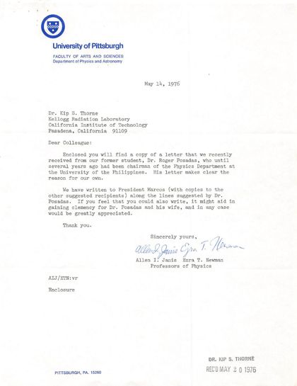 Typed letter on University of Pittsburgh letterhead, May 14, 1976, from Allen Janis and Ezra Newman to Kip Thorne