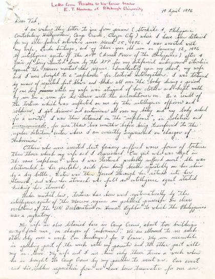 First page of Roger's handwritten letter to Ted Newman, April 19, 1976