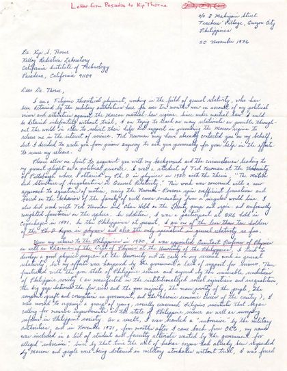 First page of Roger's handwritten letter to Kip Thorne, November 20, 1976, in blue ink with red underlining