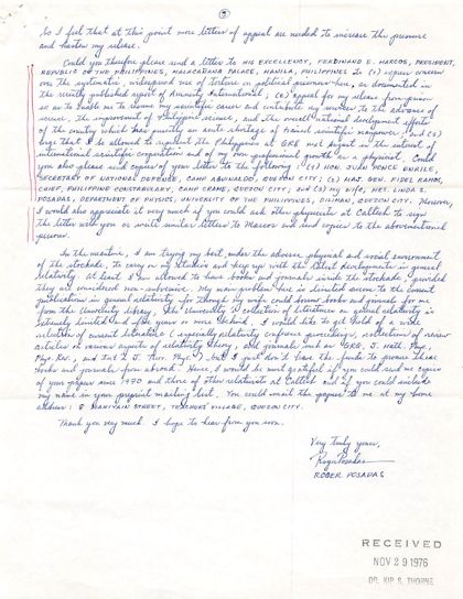 Third page of the November 20, 1976 letter, signed, with a received stamp