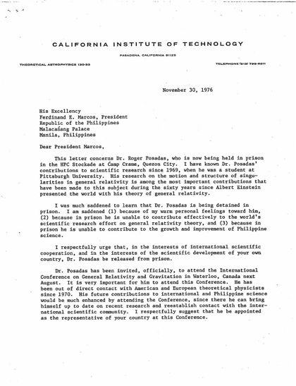 Kip Thorne's typed letter to President Marcos on Caltech letterhead, November 30, 1976, first page