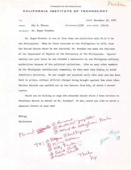 Thorne's Caltech memo of November 30, 1976, with his handwritten routing note to Feynman, Gell-Mann, Fowler, Christy and Schmidt
