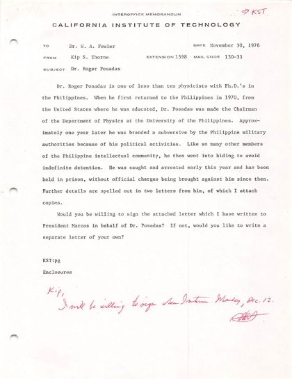 William Fowler's copy of the memo, with his handwritten reply that he will sign