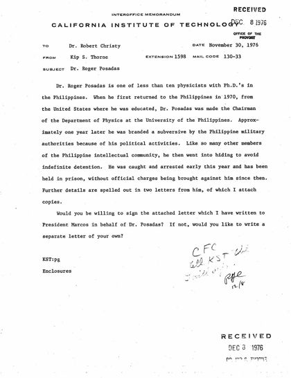 Robert Christy's copy of the memo, with received stamps and a faint reply