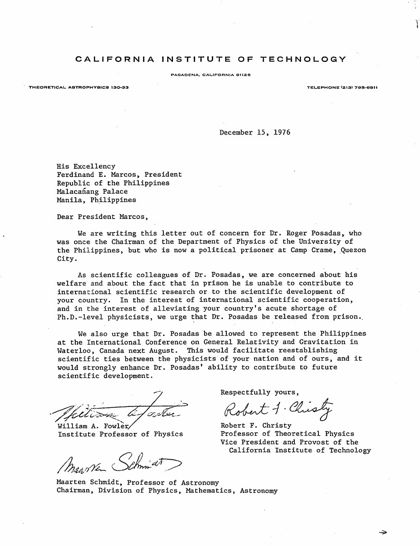 Group letter to Marcos, December 15, 1976, signed by Fowler, Christy and Schmidt