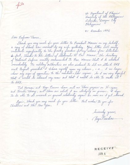 Roger's handwritten letter to Thorne, December 21, 1976