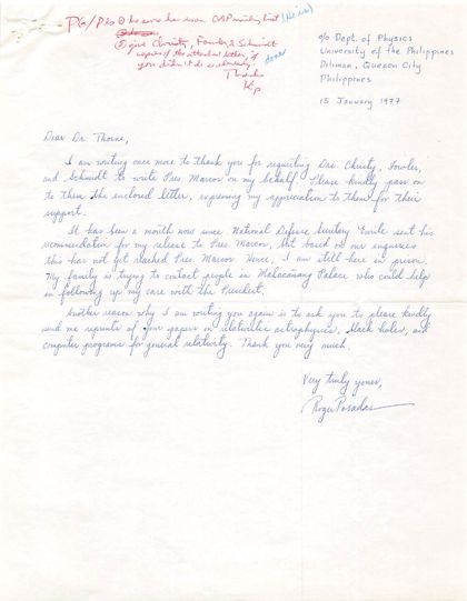 Roger's handwritten letter to Thorne, January 15, 1977, with Thorne's red note at the top