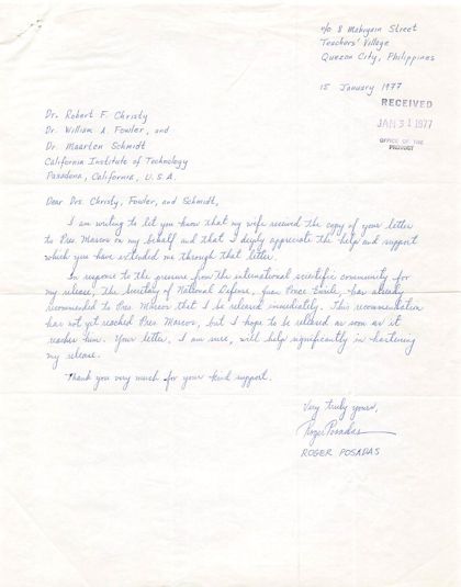 Roger's handwritten thank-you letter to Christy, Fowler and Schmidt, January 15, 1977