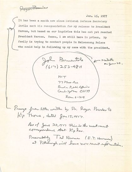 Typed excerpt of Roger's January 1977 letter with handwritten notes about John Parmentola at MIT, June 1977