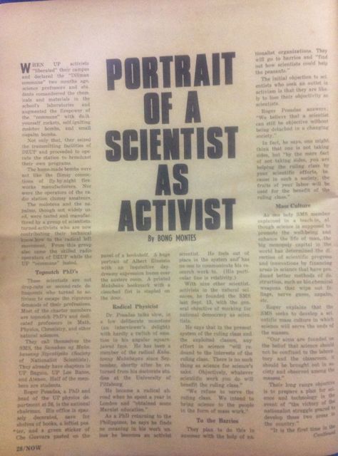 Page 28 of NOW magazine with the headline Portrait of a Scientist as Activist by Bong Montes, profiling Roger Posadas, head of UP physics and national chairman of the Samahan ng Makabayang Siyentipiko