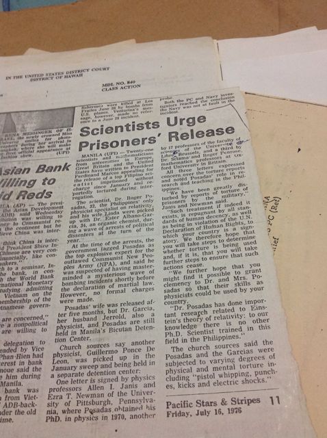 Newspaper clipping from Pacific Stars and Stripes, July 16, 1976, headlined Scientists Urge Prisoners' Release, reporting letters to President Marcos from scientists in Europe, Britain and the United States asking for the release of Dr. Roger Posadas, held without charge since January