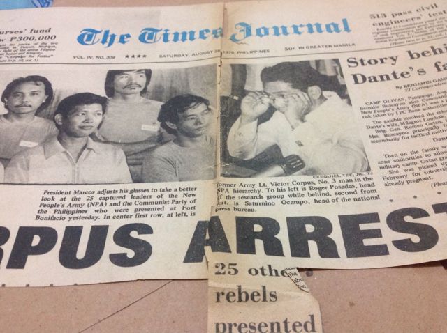 Front page of The Times Journal, August 28, 1976, showing detainees presented to President Marcos at Fort Bonifacio; the caption names Roger Posadas as head of the research group