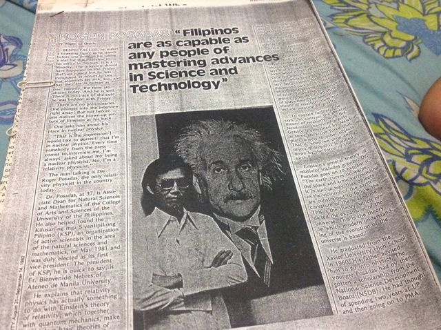 Magazine interview from 1982 headlined Roger Posadas: Filipinos are as capable as any people of mastering advances in science and technology, with a photograph of him beside a large portrait of Einstein