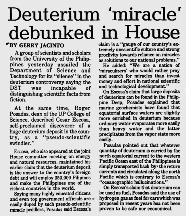Newspaper clipping headlined Deuterium miracle debunked in House, by Gerry Jacinto. It reports UP scientists faulting the Department of Science and Technology and quotes Roger Posadas, dean of the UP College of Science, calling Cesar Escosa a pseudo-scientific swindler