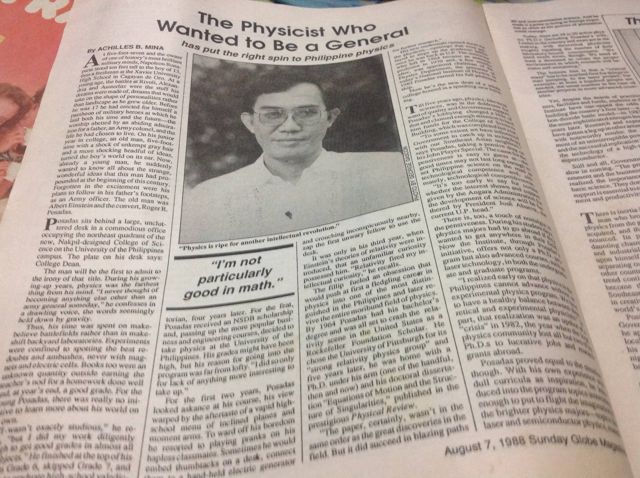 Sunday Globe Magazine of August 7, 1988, with the article The Physicist Who Wanted to Be a General by Achilles B. Mina and a portrait photograph of Roger Posadas