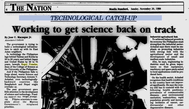 Manila Standard page of November 20, 1988, headlined Working to get science back on track, quoting Roger Posadas, dean of the College of Science