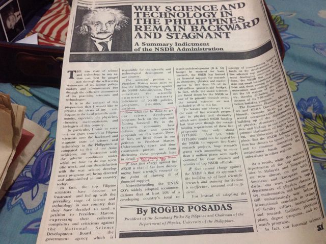 Magazine article by Roger Posadas, President of the Samahang Pisika ng Pilipinas and Chairman of UP Physics, titled Why Science and Technology in the Philippines Remain Backward and Stagnant: A Summary Indictment of the NSDB Administration