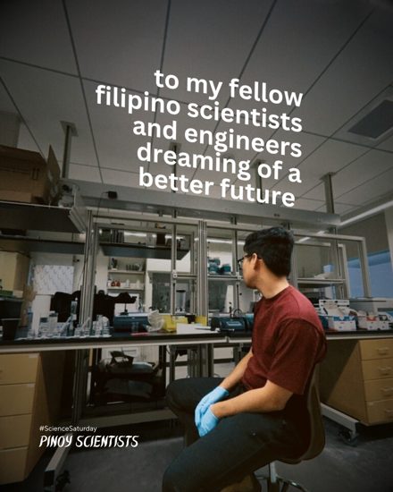 To my fellow Filipino scientists and engineers dreaming of a better future. Gregor in a maroon shirt and blue gloves sits on a lab stool, looking out across the benches.