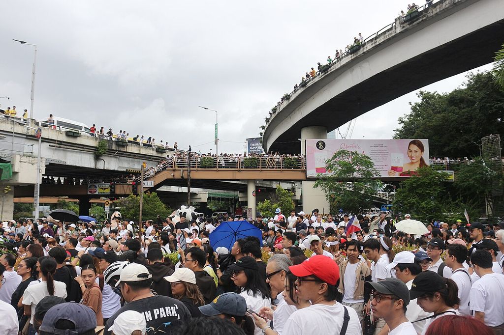 A dense crowd fills a road beneath an elevated highway; more people watch from the overpass.